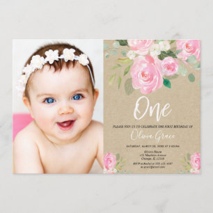 Invitation Photo florale kraft rose rousse d'1er anniversaire
