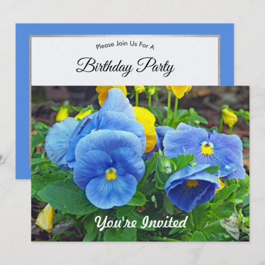 Invitation Photo florale Pretty Blue and Yellow Pansy Anniver (Devant / Derrière)