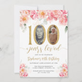 Invitation Photo florale rose et or 100e anniversaire (Devant)