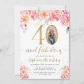 Invitation Photo florale rose et or 40e anniversaire (Devant)