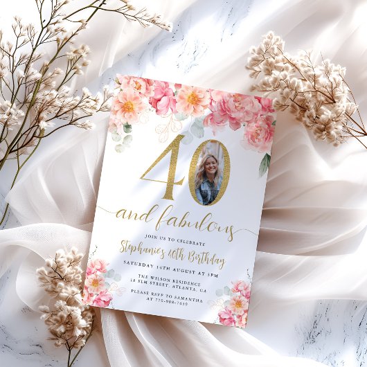 Invitation Photo florale rose et or 40e anniversaire
