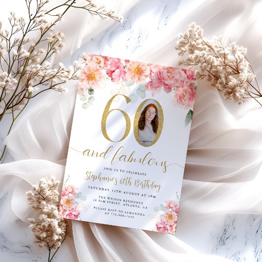 Invitation Photo florale rose et or 60e anniversaire