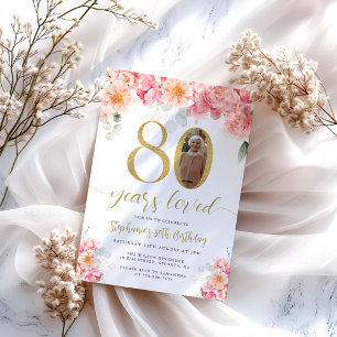 Invitation Photo florale rose et or 80e anniversaire