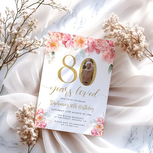 Invitation Photo florale rose et or 80e anniversaire