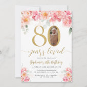 Invitation Photo florale rose et or 80e anniversaire (Devant)