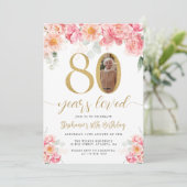 Invitation Photo florale rose et or 80e anniversaire (Debout devant)