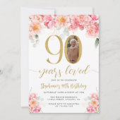 Invitation Photo florale rose et or 90e anniversaire (Devant)