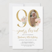 Invitation Photo florale rose pâle 90e anniversaire Invitatio (Devant)