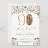 Invitation Photo florale rose pâle 90e anniversaire Invitatio (Devant)
