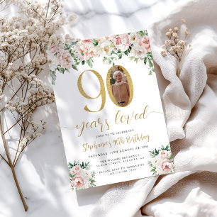 Invitation Photo florale rose pâle 90e anniversaire Invitatio