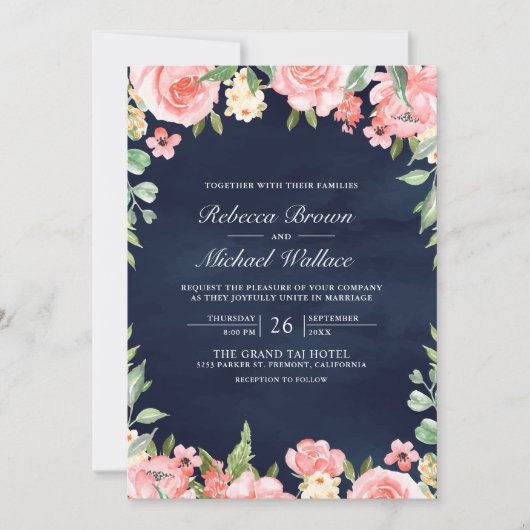 Invitation Photo florale rose pâle QR Code Marine Mariage ble (Devant)