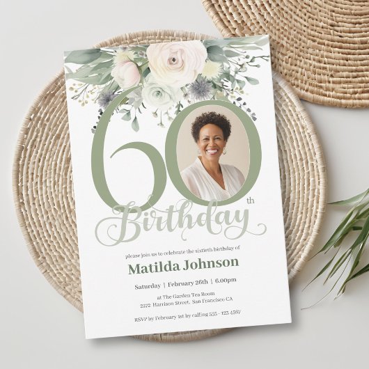 Invitation Photo florale Sage 60e anniversaire