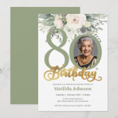 Invitation Photo florale Sage and Gold 80th Birthday (Devant / Derrière)