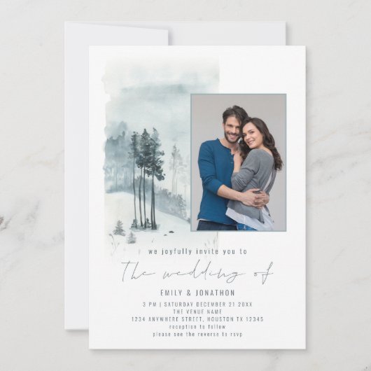 Invitation Photo Forêt de Neige Élégant Script Mariage d'hive (Devant)
