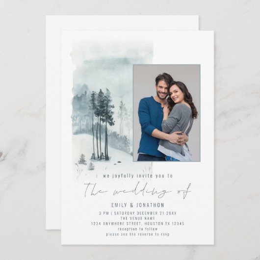 Invitation Photo Forêt de Neige Élégant Script Mariage d'hive (Devant / Derrière)