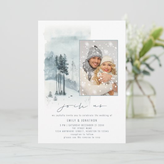 Invitation Photo Forêt de Neige Rejoignez-nous QR Code Mariag (Debout devant)