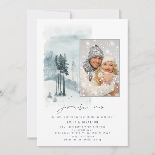 Invitation Photo Forêt de neige Rejoignez-nous QR Code Mariag (Devant)