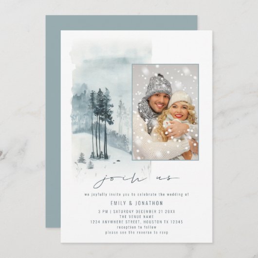 Invitation Photo Forêt de neige Rejoignez-nous QR Code Mariag (Devant / Derrière)
