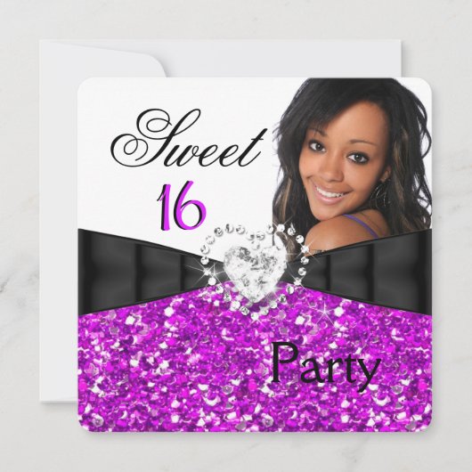 Invitation Photo Fuchsia Parties scintillant Sweet 16 16e ann (Devant)