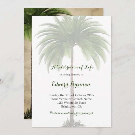 Invitation Photo funéraire Élégant palmier feuillage vert (Devant / Derrière)