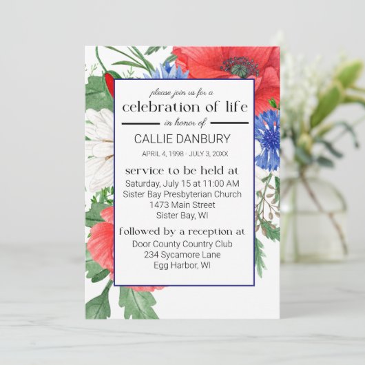 Invitation Photo funéraire rouge blanc et bleu (Debout devant)