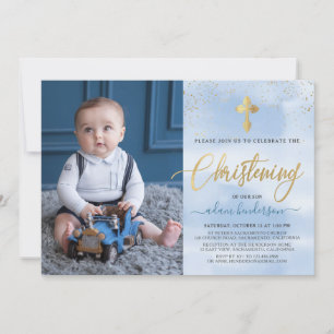 Invitation Photo Garçon Moderne Bleu Et Or Christening