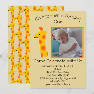 Invitation Photo Girafe Orange et Jaune 1er Anniversaire