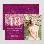 Invitation Photo Girl Magenta Pink Parties scintillant 18e an (Devant / Derrière)