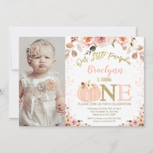 Invitation Photo Girls Rustic Fall Citrouille 1er anniversair (Devant)