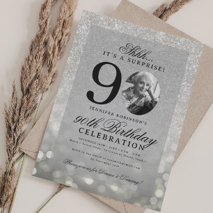 Invitation Photo Glam 90e Anniversaire Silver SURPRISE