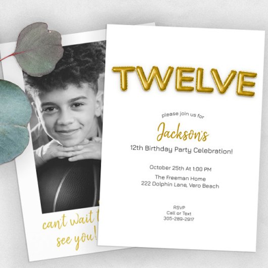 Invitation photo Gold Balloon Douzième anniversair