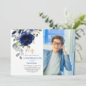 Invitation Photo Gold Confirmatio Marine Blue Floral Boy (Debout devant)