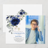 Invitation Photo Gold Confirmatio Marine Blue Floral Boy (Devant / Derrière)