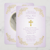 Invitation photo Gold Cross Purple Baptism (Devant / Derrière)