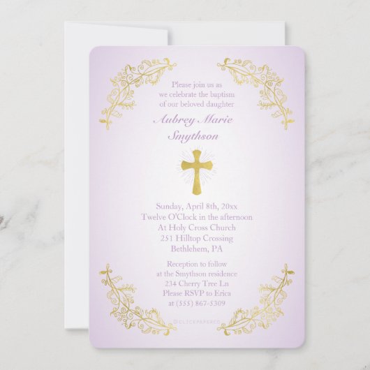 Invitation photo Gold Cross Purple Baptism (Devant)