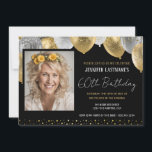 Invitation photo Gold et Black 60th Birthday<br><div class="desc">Ballons élégants en faux argent et en parties scintillant d'or sur la bordure supérieure. Tout le texte est ajustable et facile à changer pour vos besoins de partie. Grand élégant enregistrer la date anniversaire conception modèle de fête. chaque année,  l'âge peut être changé</div>
