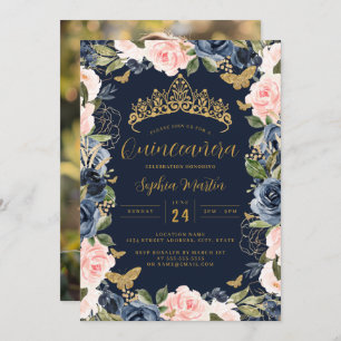 Invitation Photo Gold Marine rose papillon floral Quinceanera
