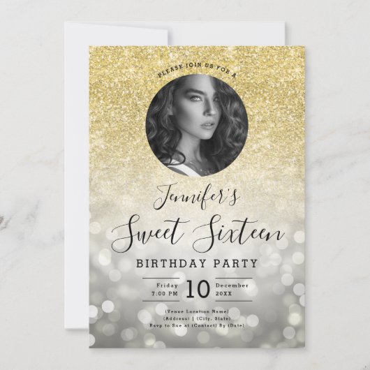 Invitation PHOTO Gold Parties scintillant Argent Bokeh Lights (Devant)