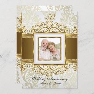Invitation Photo Gold & Pearl Swirl Damask 50th Anniversary