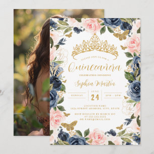 Invitation Photo Gold Pink Navy Floral Butterfly Quinceanera