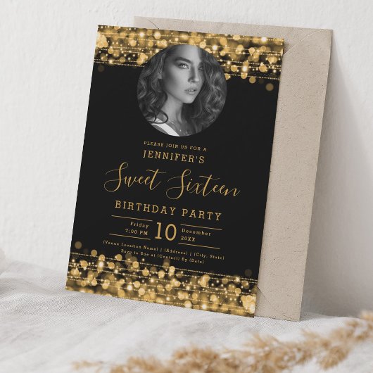 Invitation PHOTO Gold Sparkles Sweet 16 Anniversaire