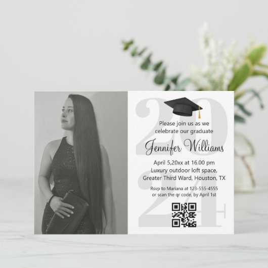 Invitation photo graduation 2024 parti qr code minimum (Debout devant)