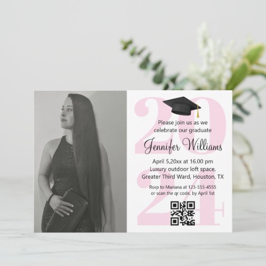 Invitation photo graduation 2024 parti qr code minimum rose (Debout devant)