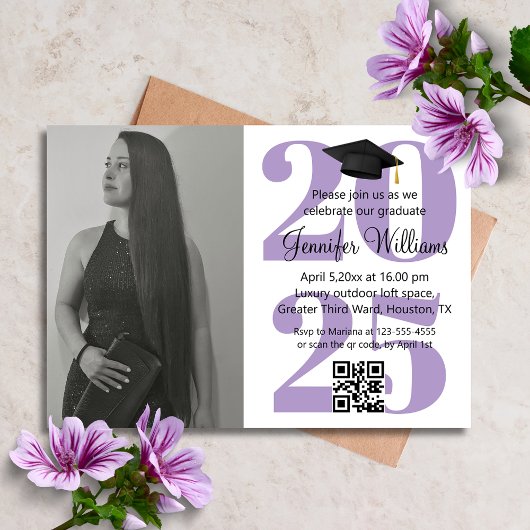 Invitation photo graduation 2025 parti qr code chic violet