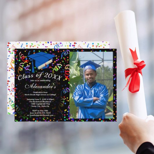 Invitation Photo Graduation Blue Casquette Confetti Classe de