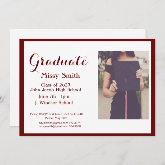 Invitation Photo Graduation, Classe d'Invitation 2024 Maroon (Devant / Derrière)