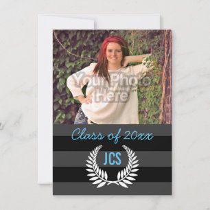 Invitation Photo Graduation Monogramme Noir Lumière Bleu Prep