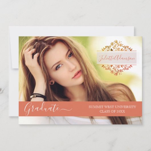 Invitation Photo Graduation Party Coral Floral Monogramme (Devant)