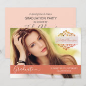 Invitation Photo Graduation Party Coral Floral Monogramme (Devant / Derrière)