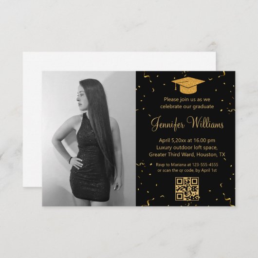 Invitation photo graduation party qr code confetti noir or (Devant / Derrière)